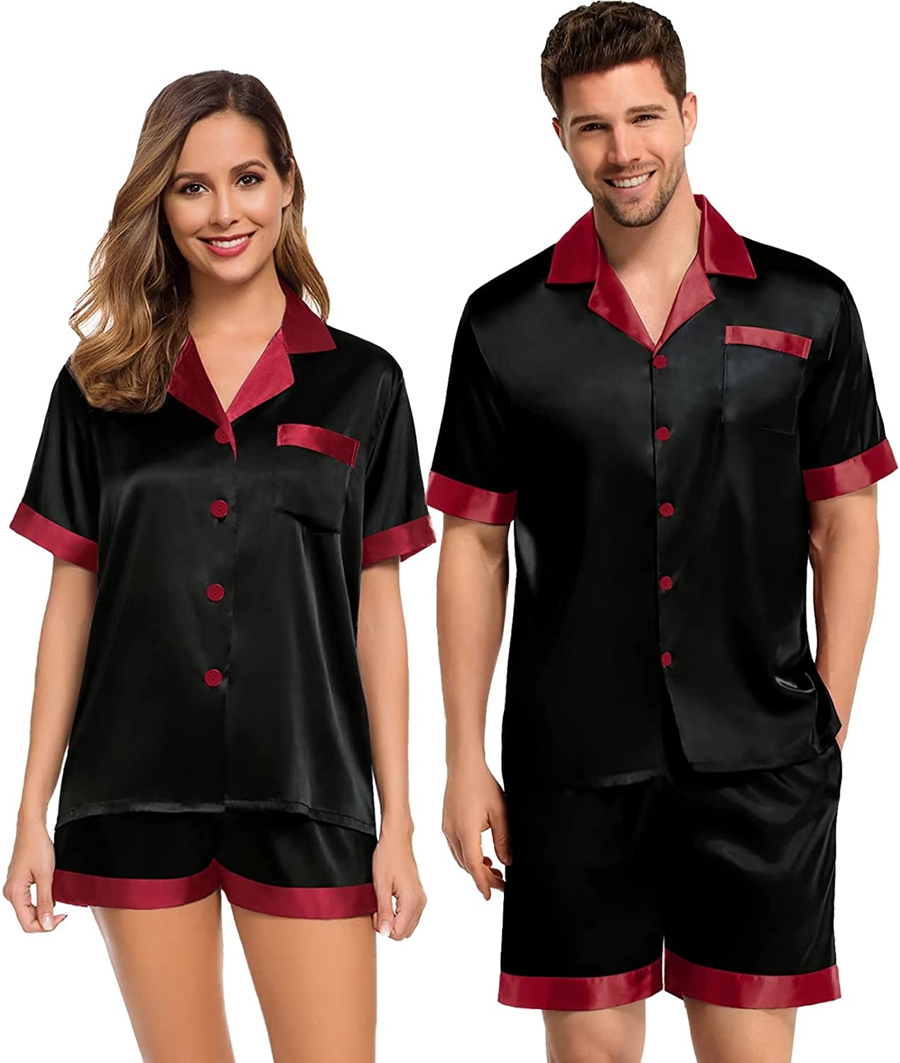 230816014041241_1 SWOMOG Couples Matching Pajama Set Silk Satin Short Sleeve Pjs Set Top and Shorts Sleepwear Soft Button-Down Loungewear - Image 1